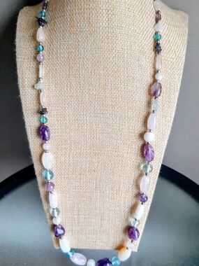 Multi-Gemstone Long Beaded Necklace in Purple, Aqua & White